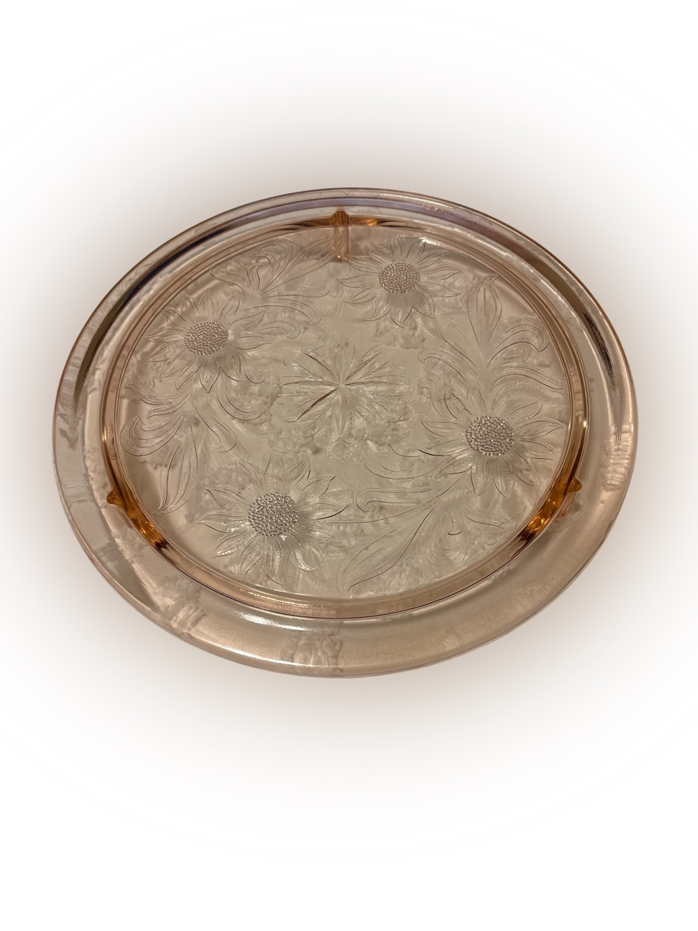 VTG Jeannette Sunflower Style Pink
Depression Glass Three Footed Cake
Plate